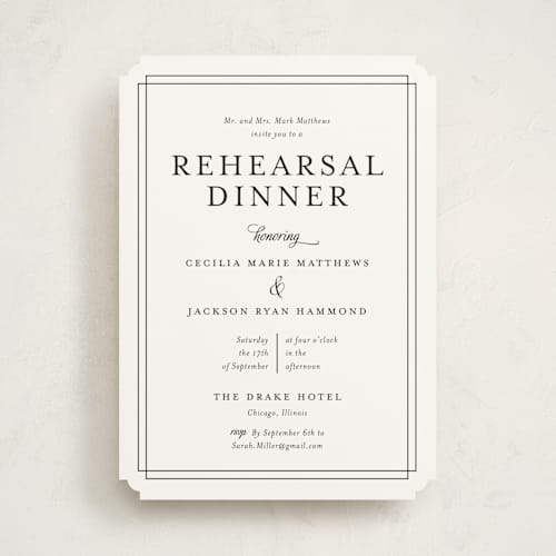 This is a snow rehearsal dinner invitations with standard by Kimberly FitzSimons called chic gala printing on signature in standard