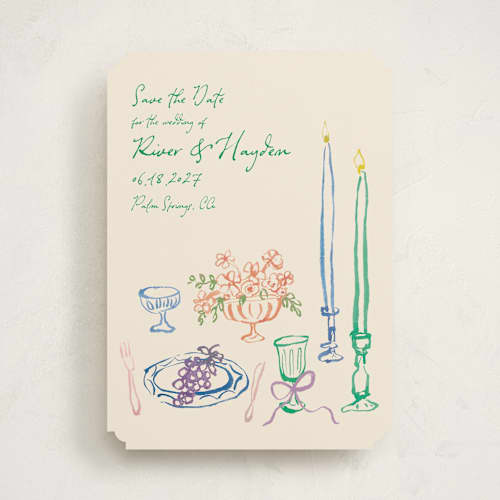 This is a garden save the date with standard by Cass Loh called tablescape drawing printing on signature in standard
