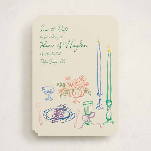 This is a garden save the date with standard by Cass Loh called tablescape drawing printing on signature in standard