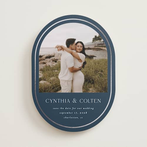 This is a blueberry foil stamped save the date cards with foil pressed by Angela Garrick called double lined border printing on recycled smooth signature in standard