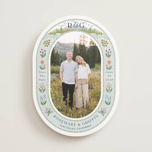 This is a pine save the date with standard by Paper Sun Studio called river valley printing on recycled smooth signature in standard