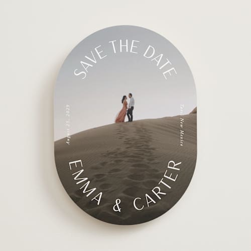 This is a pearl save the date with standard by Susan Asbill called roundabout printing on recycled smooth signature in standard