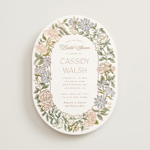 This is a neopolitan bridal shower invitations with foil pressed by Leah Bisch called oval wreath printing on signature in standard