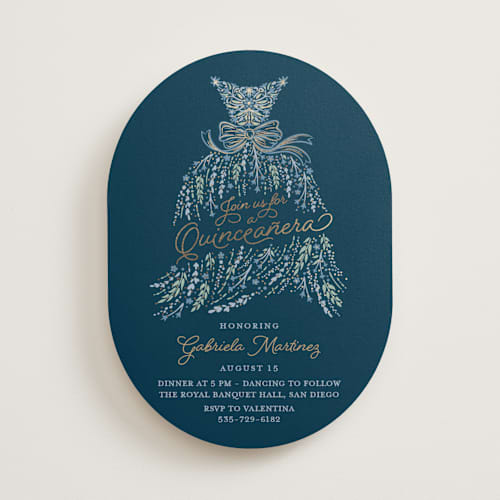 This is a midnight quinceanera invitations with foil pressed by Paper Sun Studio called in the spotlight printing on signature in standard