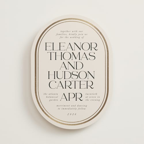 This is a sandstone foil stamped wedding invitations with foil pressed by Lori Wemple called oval printing on signature in standard