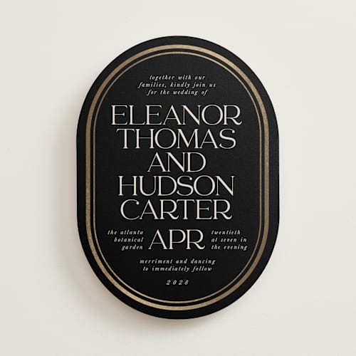 This is a noir foil stamped wedding invitations with foil pressed by Lori Wemple called oval printing on signature in standard