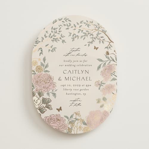 This is a blush meadow foil stamped wedding invitations with foil pressed by Grae called dancing in the garden printing on signature in standard