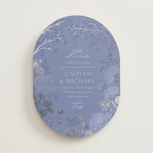 This is a evening periwinkle foil stamped wedding invitations with foil pressed by Grae called dancing in the garden printing on signature in standard