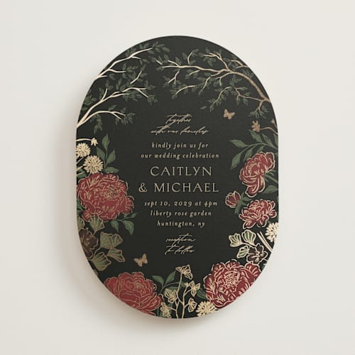 This is a royal garnet foil stamped wedding invitations with foil pressed by Grae called dancing in the garden printing on signature in standard