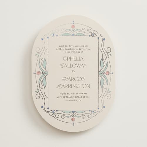 This is a ivory foil stamped wedding invitations with foil pressed by Maria Hilas-Louie called ornate elegance printing on signature in standard