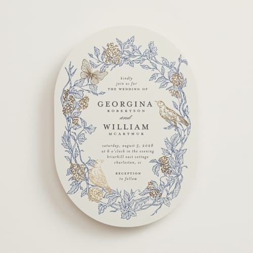 This is a cornflower foil stamped wedding invitations with foil pressed by Grae called meet me in the garden printing on signature in standard