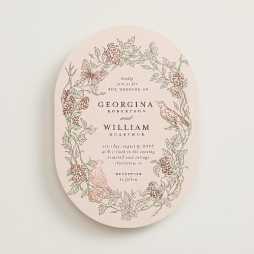 This is a moss foil stamped wedding invitations with foil pressed by Grae called meet me in the garden printing on signature in standard