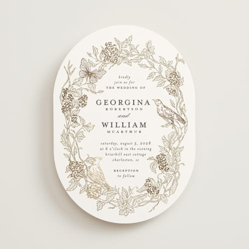 This is a lace foil stamped wedding invitations with foil pressed by Grae called meet me in the garden printing on signature in standard