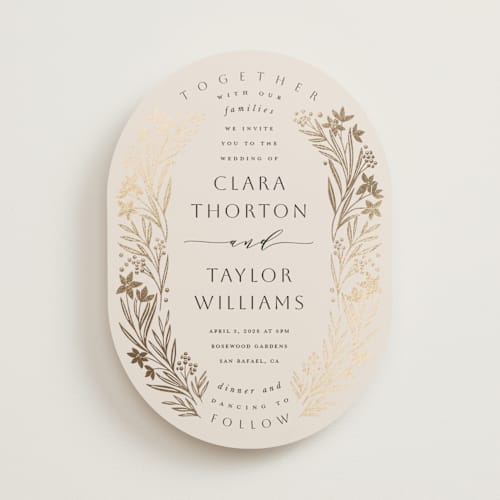 This is a champagne foil stamped wedding invitations with foil pressed by Leah Bisch called floral border printing on signature in standard