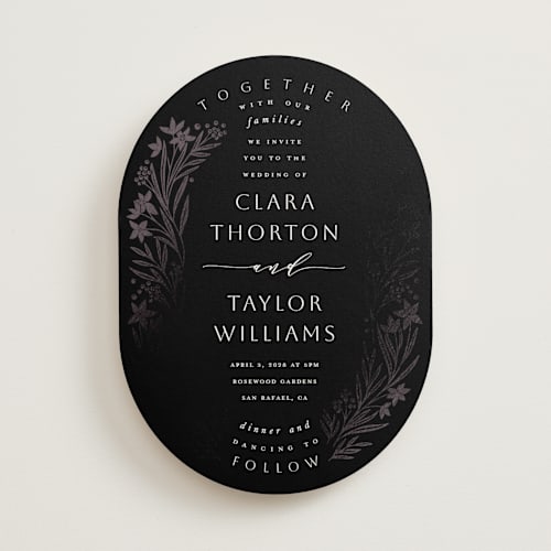 This is a tuxedo foil stamped wedding invitations with foil pressed by Leah Bisch called floral border printing on signature in standard