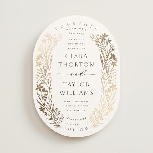 This is a pearl foil stamped wedding invitations with foil pressed by Leah Bisch called floral border printing on signature in standard