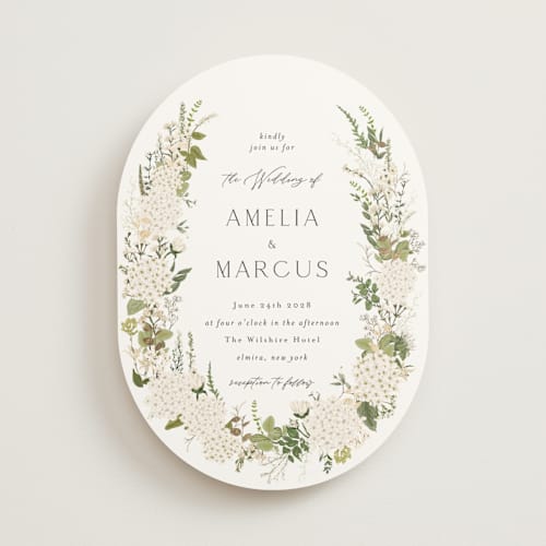 This is a porcelain foil stamped wedding invitations with foil pressed by Susan Moyal called garden whisper printing on signature in standard