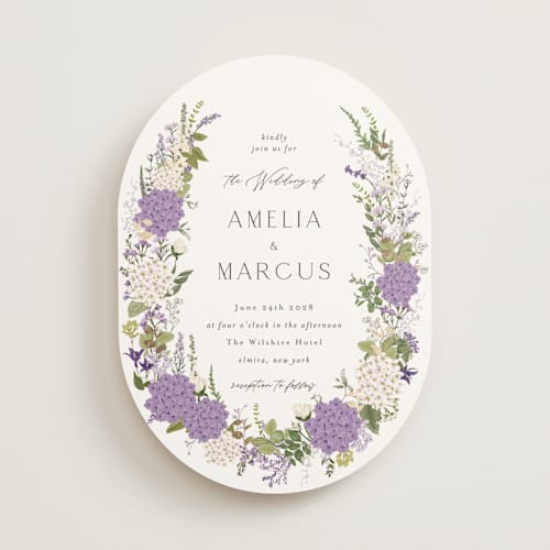 This is a lilac foil stamped wedding invitations with foil pressed by Susan Moyal called garden whisper printing on signature in standard