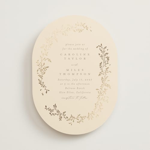 This is a sand foil stamped wedding invitations with foil pressed by Creo Study called leafy garland printing on signature in standard