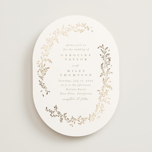 This is a powder foil stamped wedding invitations with foil pressed by Creo Study called leafy garland printing on signature in standard