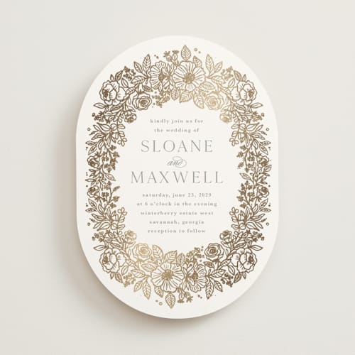 This is a powder blue foil stamped wedding invitations with foil pressed by Kristen Smith called wild roses printing on signature in standard
