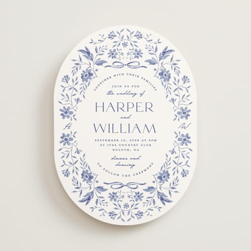 This is a blue willow wedding invitations with standard by Susan Zinader called daisy toile printing on signature in standard