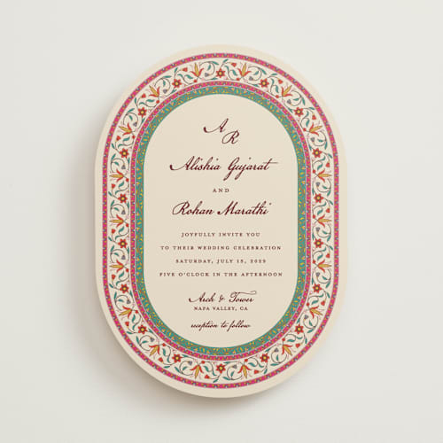 This is a ivory wedding invitations with standard by Sherley Ferreira called mughal gardens printing on signature in standard