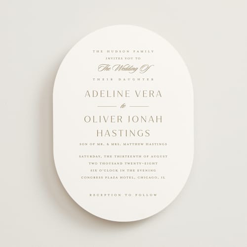 This is a golden wedding invitations with standard by Stacey Meacham called classic decorum printing on signature in standard