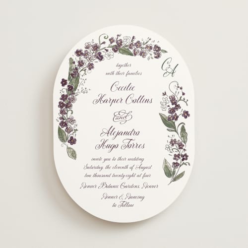 This is a black dhalia wedding invitations with standard by Jenna Holcomb called forget me nots printing on signature in standard