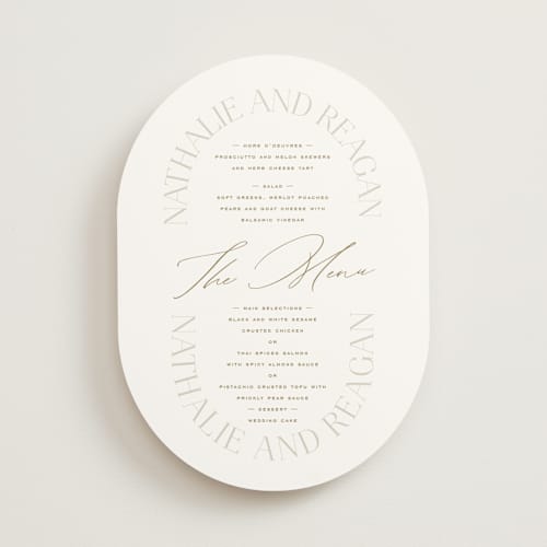 This is a natural menu cards with standard by Leah Bisch called oval printing on signature in standard