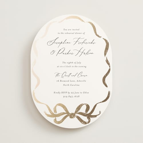 This is a snow rehearsal dinner invitations with foil pressed by Jackie Crawford called rustic bow printing on signature in standard
