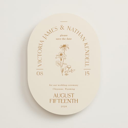 This is a cream save the date with standard by Baumbirdy called floral type arch printing on signature in standard