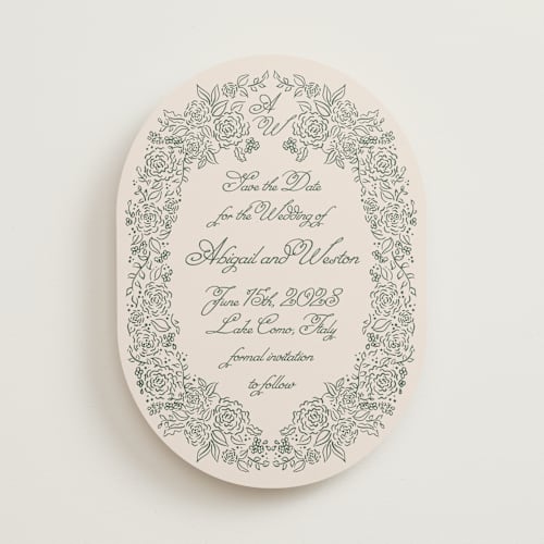 This is a moss save the date with standard by Tamara Hilje called crest florale printing on signature in standard