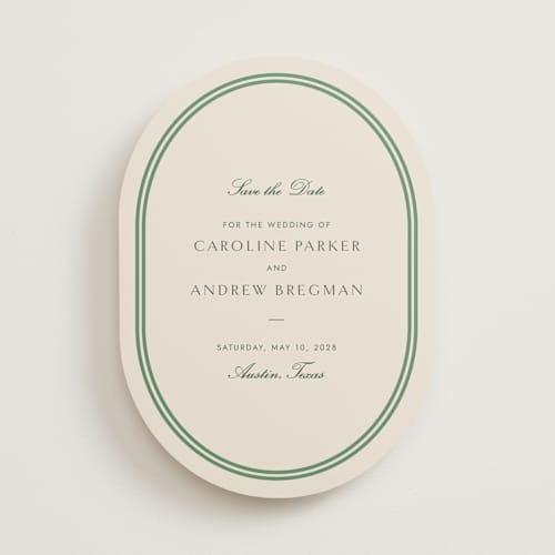 This is a vine save the date with standard by Megan Davis called bocce printing on signature in standard