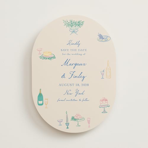 This is a pastel save the date with standard by Elly called dining printing on signature in standard