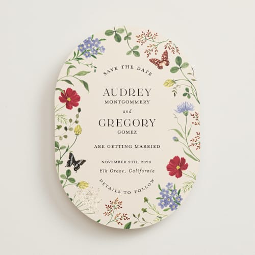 This is a elder flower save the date with standard by Sarah Knight called wild meadow printing on signature in standard