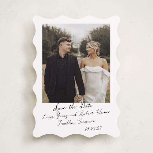 This is a snow save the date with standard by Sara Hicks Malone called vintage script printing on recycled smooth signature in standard