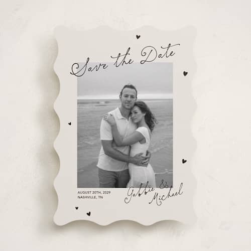 This is a vintage save the date with standard by Kelly Watkins called felicity printing on recycled smooth signature in standard