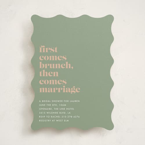 This is a sage bridal shower invitations with standard by mo kelley called first comes brunch printing on signature in standard