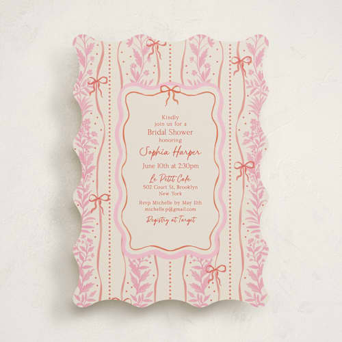 This is a strawberry bridal shower invitations with standard by Elly called cottage ribbons printing on signature in standard