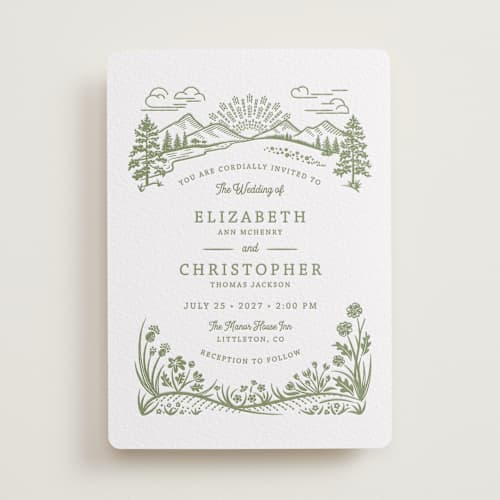 This is a olive letterpress wedding invitations with letterpress by Paper Sun Studio called on the horizon printing on white cotton in standard