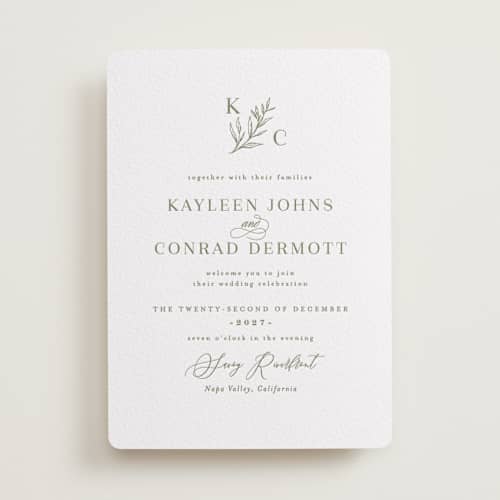 This is a artichoke letterpress wedding invitations with letterpress by chocomocacino called creme au beurre printing on white cotton in standard
