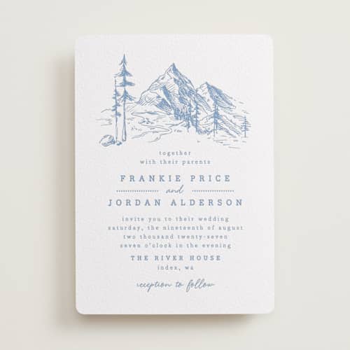 This is a pacific blue letterpress wedding invitations with letterpress by Anastasia Makarova called fresh air printing on white cotton in standard