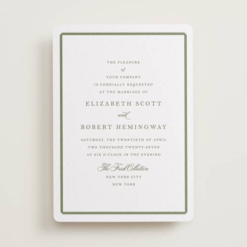 This is a artichoke letterpress wedding invitations with letterpress by Megan Davis called bevel printing on white cotton in standard