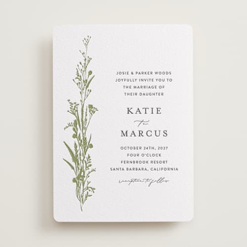 This is a olive letterpress wedding invitations with letterpress by Susan Moyal called gathered printing on white cotton in standard