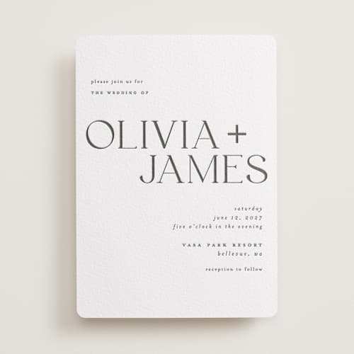 This is a soft black letterpress wedding invitations with letterpress by Vera Lim called bold names printing on white cotton in standard