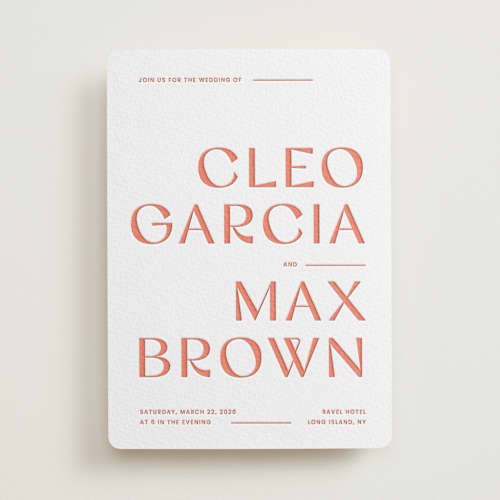 This is a grapefruit letterpress wedding invitations with letterpress by Blustery August called boldly printing on white cotton in standard