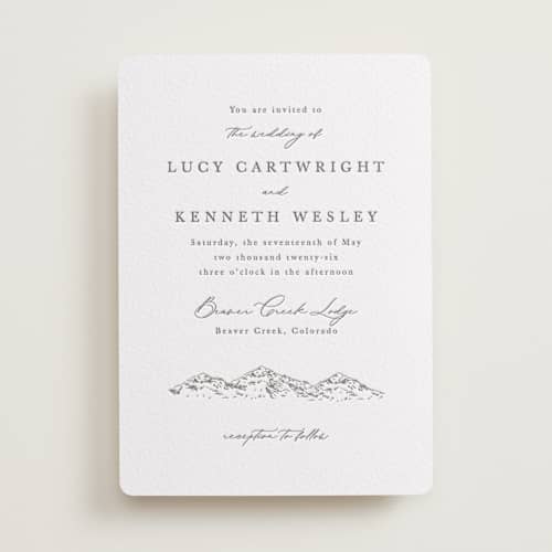 This is a graphite letterpress wedding invitations with letterpress by Sarah Brown called mountainview printing on white cotton in standard