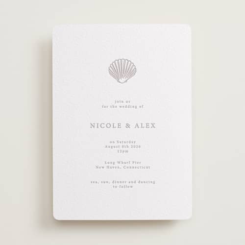 This is a dove grey letterpress wedding invitations with letterpress by Hannah Bowman called simple seashell printing on white cotton in standard