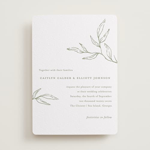 This is a olive letterpress wedding invitations with letterpress by Oscar and Emma - Karly Depew called amidst nature printing on white cotton in standard